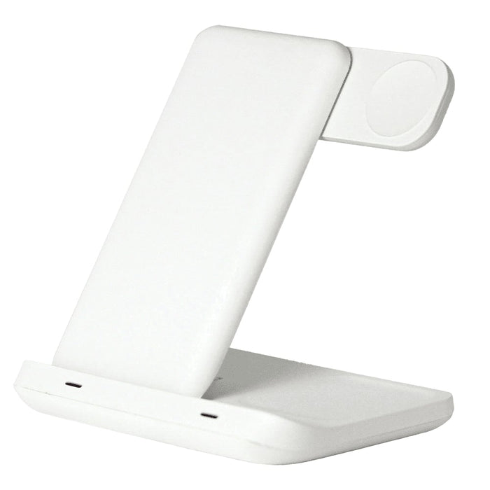 Axis 3 in 1 Wireless Charger - A white 3-in-1 wireless charger with a stand and an attachment for charging smart devices. It features a logo.
