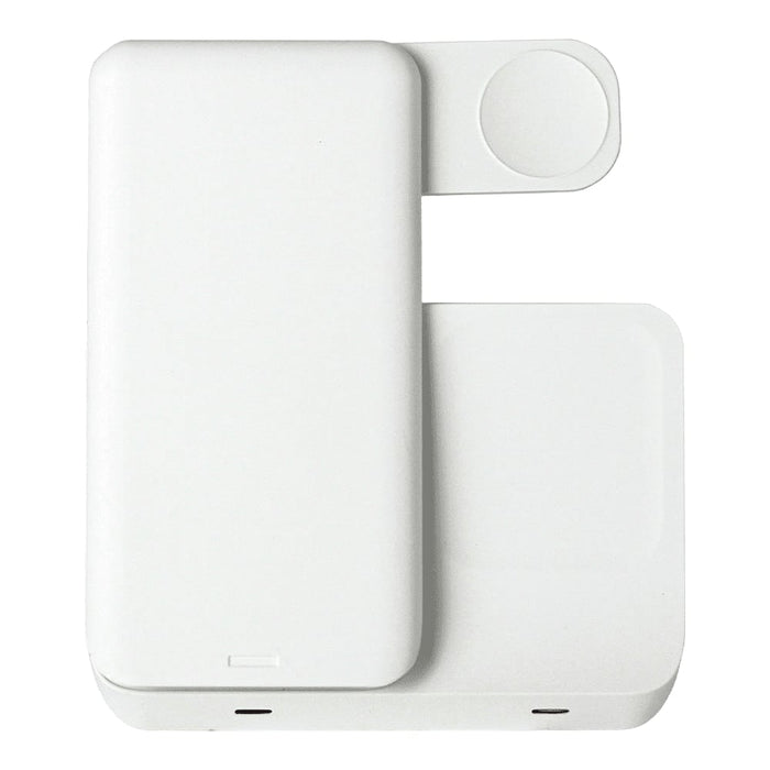 Axis 3 in 1 Wireless Charger - A white 3 in 1 wireless charger with a compact design and multiple charging surfaces, featuring a logo.