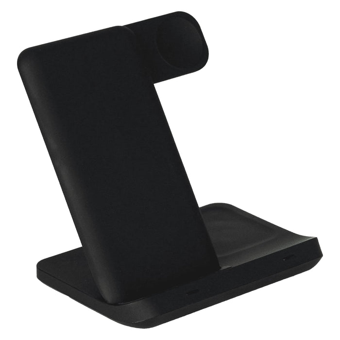 Axis 3 in 1 Wireless Charger - A black 3 in 1 wireless charger with a sleek standing design and a flat charging pad. It features a logo.