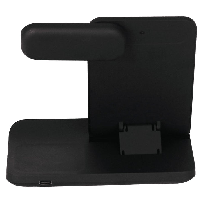 Axis 3 in 1 Wireless Charger - A black 3-in-1 wireless charger stand with a vertical holder for devices and a base for charging.