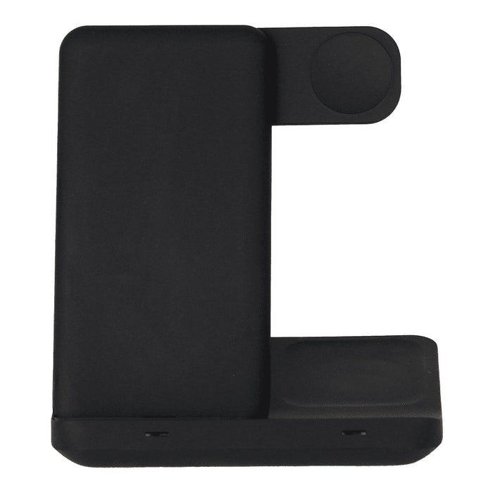 Axis 3 in 1 Wireless Charger - A black 3 in 1 wireless charger with a sleek design and multiple charging surfaces. It features a logo on the side.