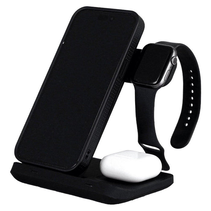 Axis 3 in 1 Wireless Charger - A black 3 in 1 wireless charger featuring a phone stand, an Apple Watch holder, and a space for earbuds.