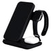 Axis 3 in 1 Wireless Charger - A black 3 in 1 wireless charger featuring a phone stand, an Apple Watch holder, and a space for earbuds.
