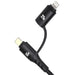 Night Mode Fast Charging Data Cable - A black fast charging data cable with USB-C and Lightning connectors, featuring a braided design and power ratings on the ends.