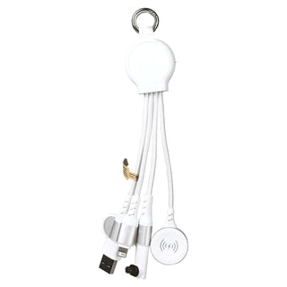 6-in-1 Multi Charging Cable - A 6-in-1 multi charging cable in white and silver, featuring multiple connectors and a keyring attachment.