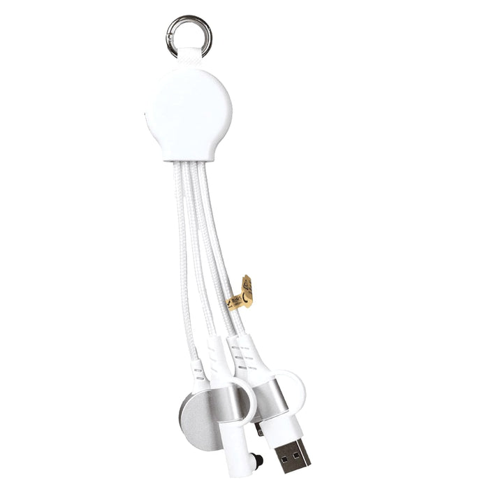 6-in-1 Multi Charging Cable - A white 6-in-1 multi charging cable with a retractable design, featuring multiple connectors and a keyring attachment.