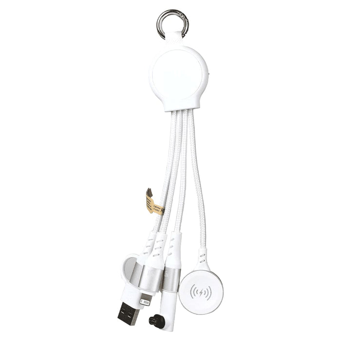 6-in-1 Multi Charging Cable - A 6-in-1 multi charging cable in white and silver, featuring multiple connectors and a keyring attachment.