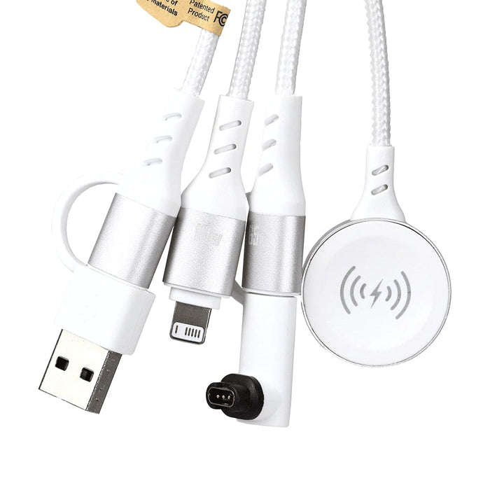 6-in-1 Multi Charging Cable - A white 6-in-1 multi charging cable featuring multiple connectors and a round charging pad, with a silver accent.