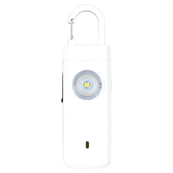 Safety Alarm Keychain - A white safety alarm keychain featuring a circular light and a carabiner hook for easy attachment.