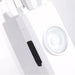 Safety Alarm Keychain - A white safety alarm keychain with a circular button and a small black switch. It has a branding logo.