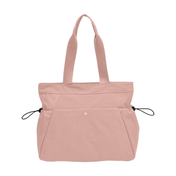 Lightweight Tote Bag With Yoga Mat Straps - A lightweight tote bag in soft pink, featuring yoga mat straps and two side pockets, with a branding logo.