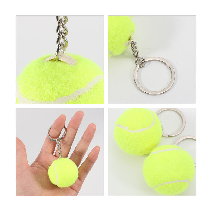Tennis Ball Keyring - A tennis ball keyring in bright yellow, featuring a silver metal chain and ring. Three images display different angles and sizes.