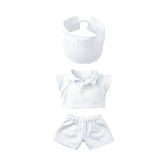 Plush Doll Racing Suit Set (15–17cm Doll) - A plush doll racing suit set in white, including a visor, polo shirt, and shorts for 15–17cm dolls.