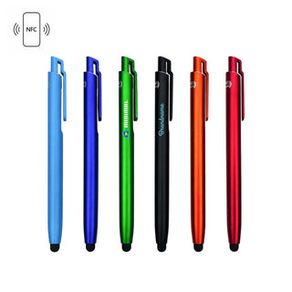 NFC Touchscreen Ballpoint Pen - A set of six ballpoint pens in blue, green, black, and red, featuring a touch screen tip and an NFC logo.