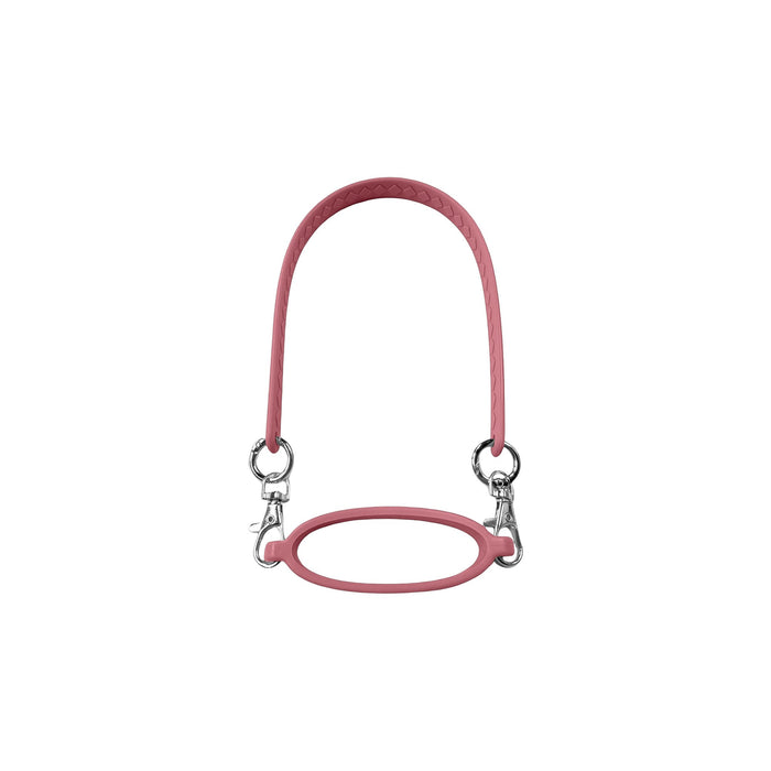 Silicone Cup Carry Strap - A drink bottle carry strap in a soft pink silicone with metal clips for attachment. It features a textured grip.