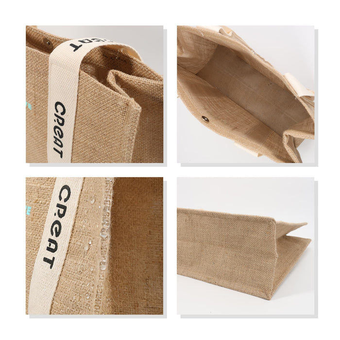 Custom Handle Jute Tote Bag - A jute tote bag in natural colour featuring custom handles and an interior view. The bag has a logo on the handle.