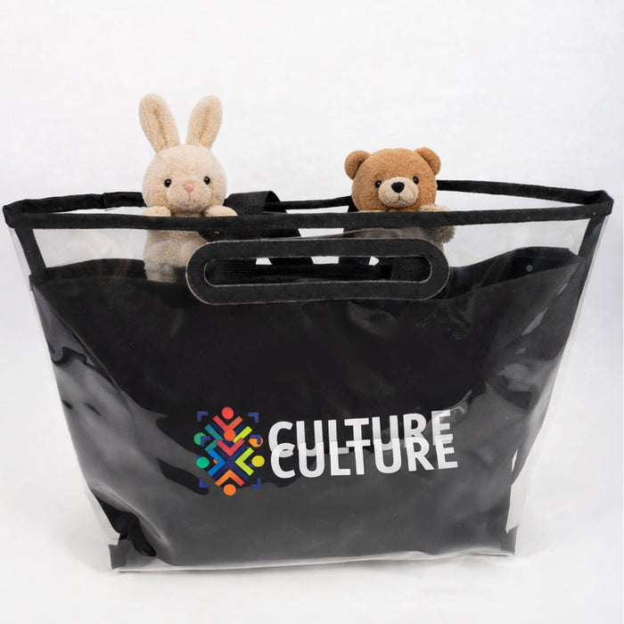 Tote Bag With Detachable PVC Cover - A black tote bag with a detachable PVC cover, featuring two plush toys peeking out from the top.