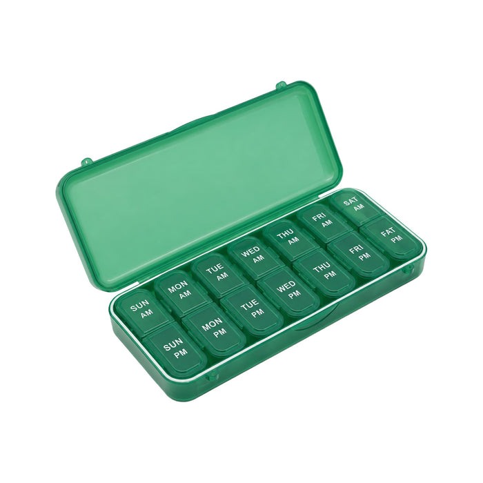 7 Day Pills Organizer - A green seven-day pill organiser with compartments labelled for each day of the week, including morning and evening sections.