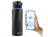 WaterH Boost Smart Bottle 32oz (946ml) - A drink bottle in black with a blue light indicator, alongside a smartphone displaying hydration statistics.