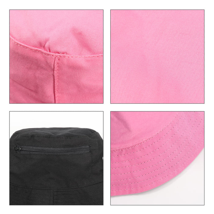 Bucket Hat with Card Pocket - A pink bucket hat featuring a card pocket, showcasing stitching details and a black underside. The hat also has a logo.