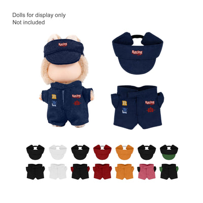 Plush Doll Racing Suit Set (10cm Doll) - A racing suit set for 10cm dolls, featuring a blue outfit and visor. Includes various coloured shorts and visors.