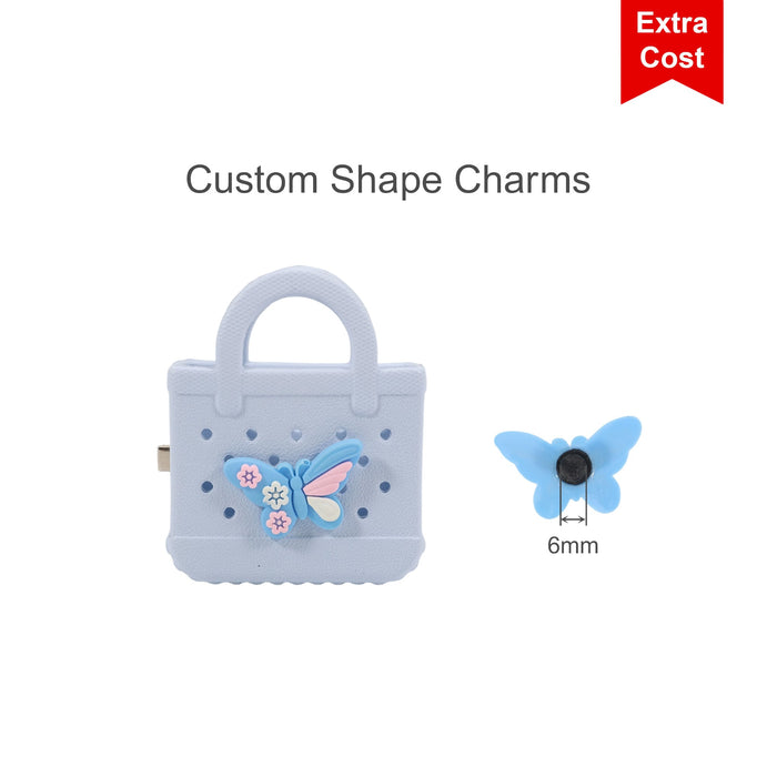 Mini EVA Holes Bag Clip - A blue bag clip with a butterfly design and a separate blue butterfly charm. Features a logo on the bag.