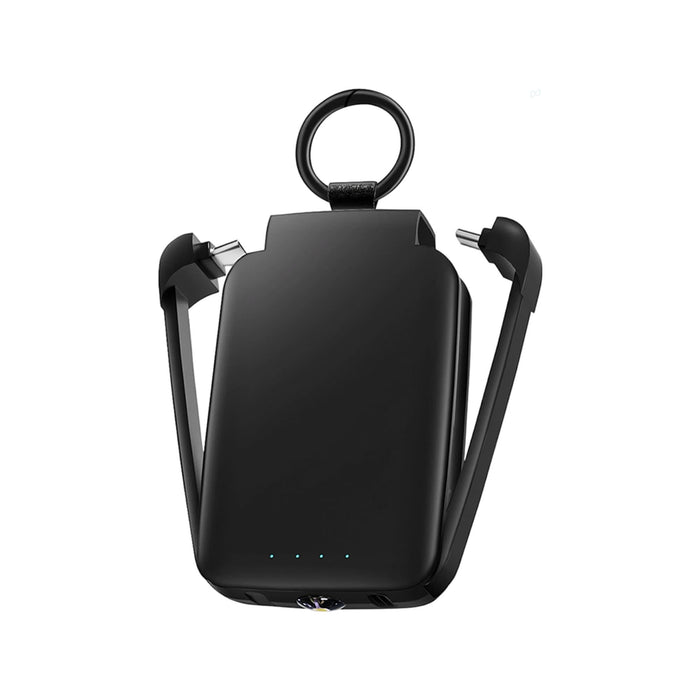 Mini Power Bank with Flashlight - A black mini power bank with a flashlight and retractable charging cables, featuring a loop for easy carrying.