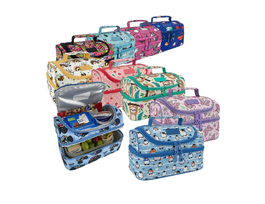Sachi 'Style 235' Insulated Double Decker Lunch Bag - A collection of insulated double decker lunch bags in various colours and patterns, some opened to reveal contents inside.