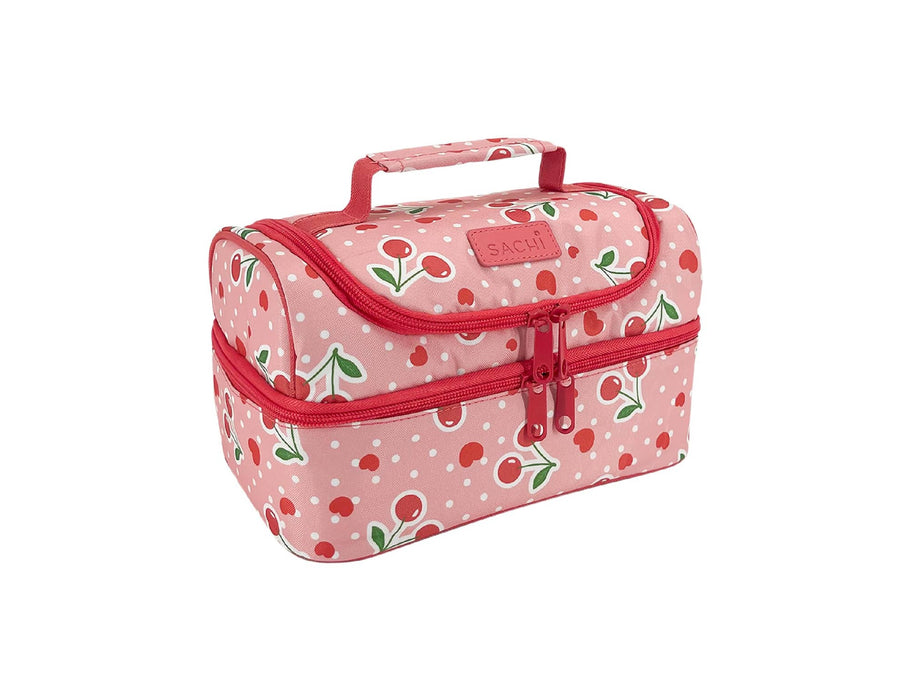 Sachi 'Style 235' Insulated Double Decker Lunch Bag - A pink insulated double decker lunch bag featuring cherry patterns and a top handle, with a zipper closure and branding.