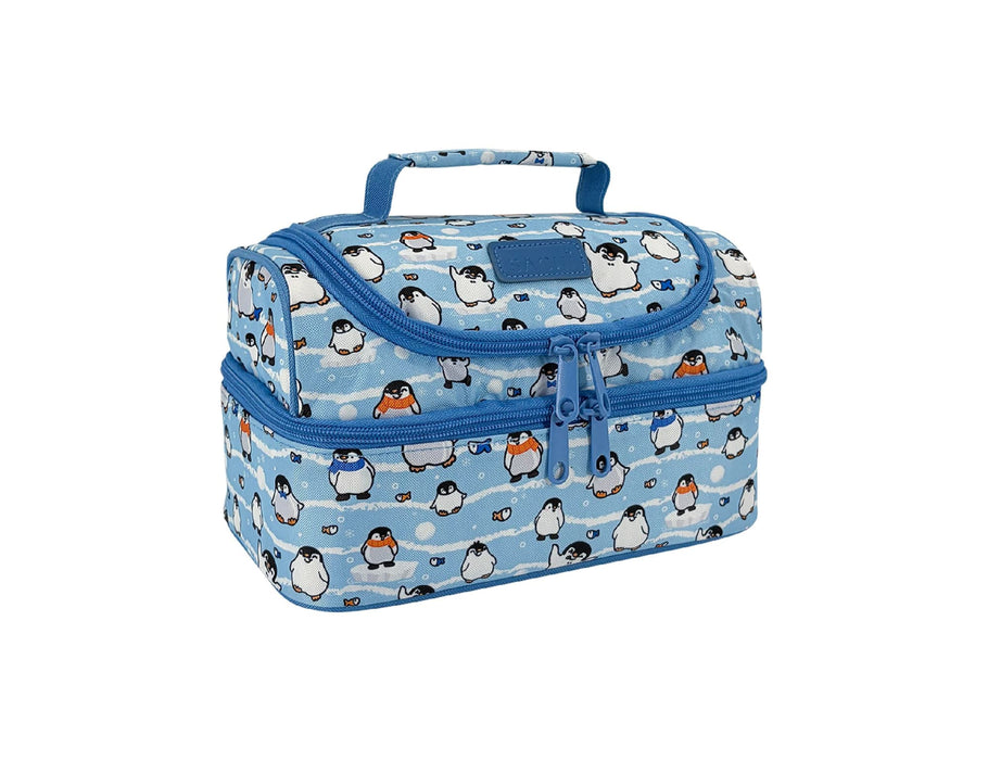 Sachi 'Style 235' Insulated Double Decker Lunch Bag - A blue insulated lunch bag featuring a playful penguin pattern, with a top handle and double compartments.