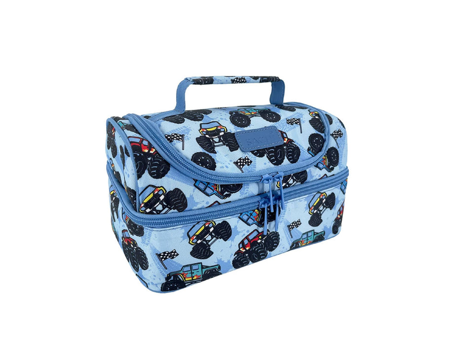 Sachi 'Style 235' Insulated Double Decker Lunch Bag - A blue insulated lunch bag featuring a monster truck design, with double compartments and a sturdy handle.