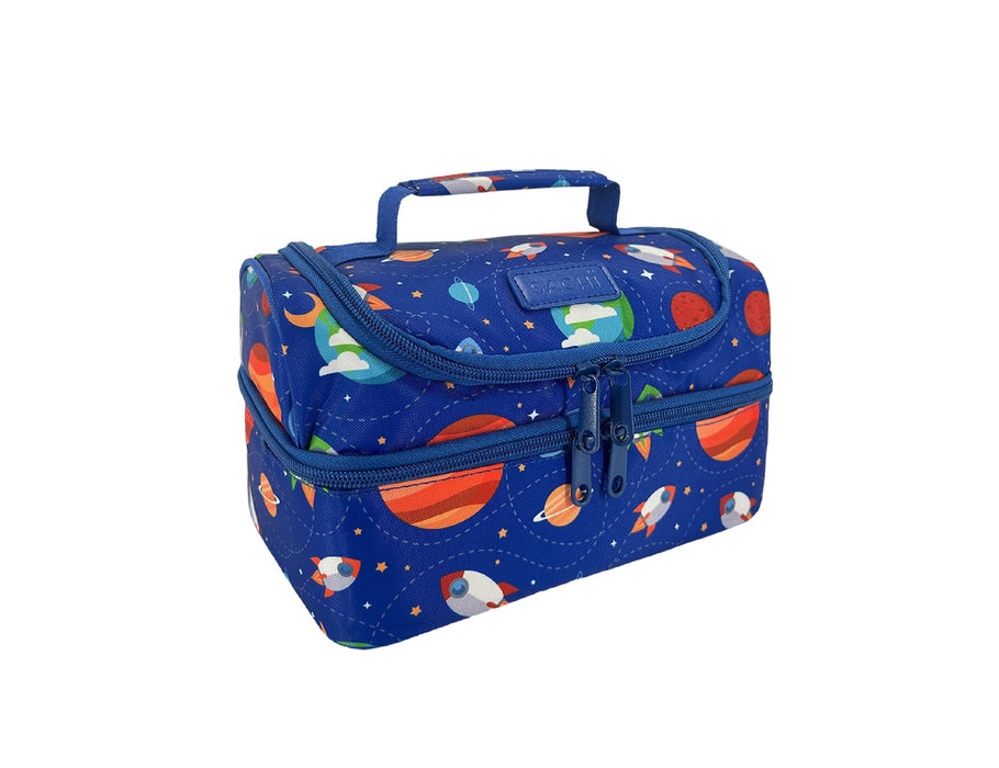 Sachi 'Style 235' Insulated Double Decker Lunch Bag - A double decker lunch bag in blue with a space theme featuring rockets and planets, including branding on the side.