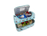 Sachi 'Style 235' Insulated Double Decker Lunch Bag - A double-decker lunch bag in light blue featuring a dog pattern, filled with snacks and a drink carton.
