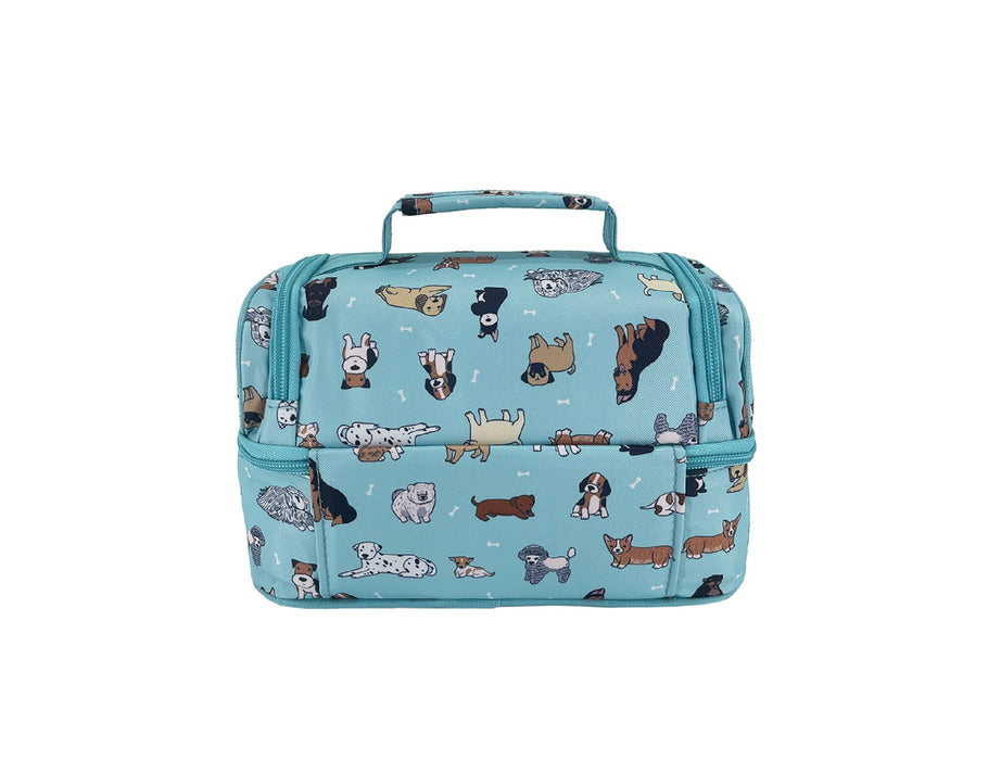 Sachi 'Style 235' Insulated Double Decker Lunch Bag - A turquoise insulated double-decker lunch bag featuring various dog illustrations and a branded logo.