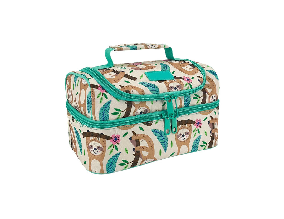 Sachi 'Style 235' Insulated Double Decker Lunch Bag - A double decker lunch bag featuring a playful sloth design, with green accents and zippered compartments.