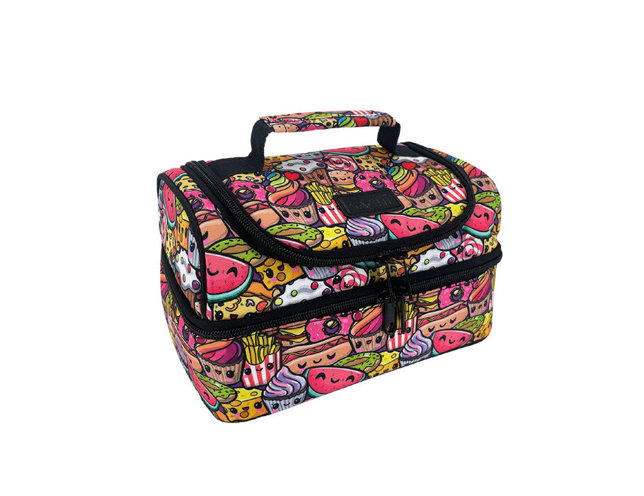 Sachi 'Style 235' Insulated Double Decker Lunch Bag - A vibrant insulated lunch bag featuring a fun print of assorted food items, with a sturdy handle and dual compartments.