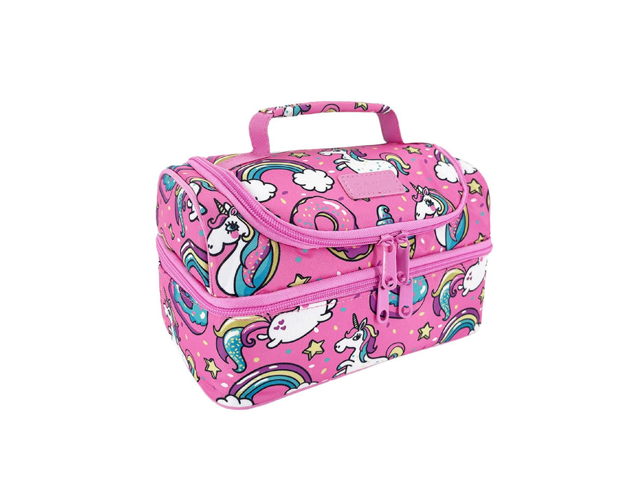 Sachi 'Style 235' Insulated Double Decker Lunch Bag - A pink insulated lunch bag featuring unicorns, rainbows, and donuts, with a double decker design and a handle.