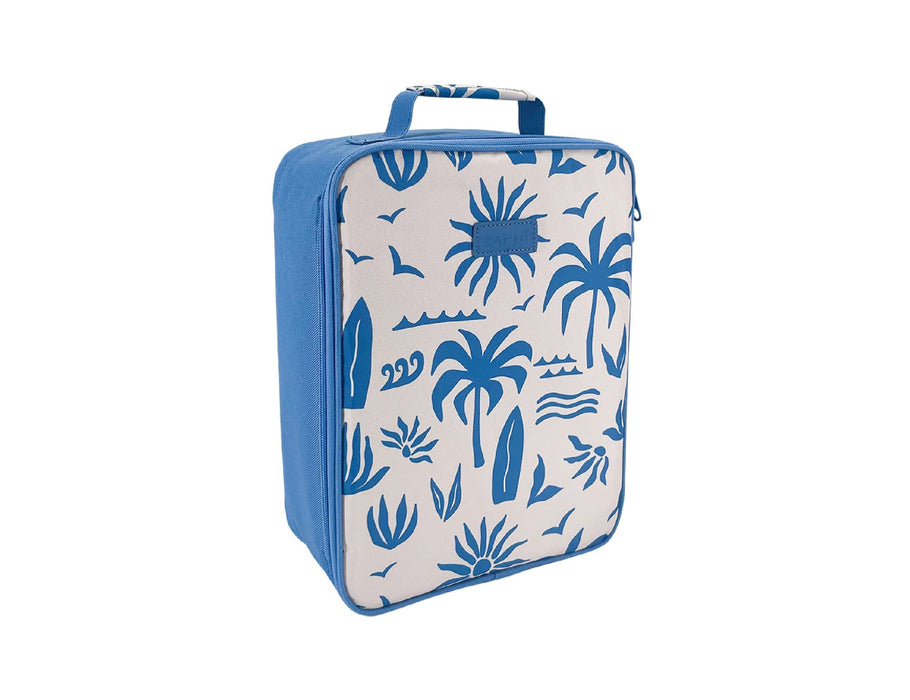 Sachi Insulated Junior XL Lunch Bag - A blue and white insulated lunch bag with a tropical palm print and a carry handle, featuring a logo.