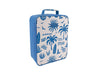 Sachi Insulated Junior XL Lunch Bag - A blue and white insulated lunch bag with a tropical palm print and a carry handle, featuring a logo.
