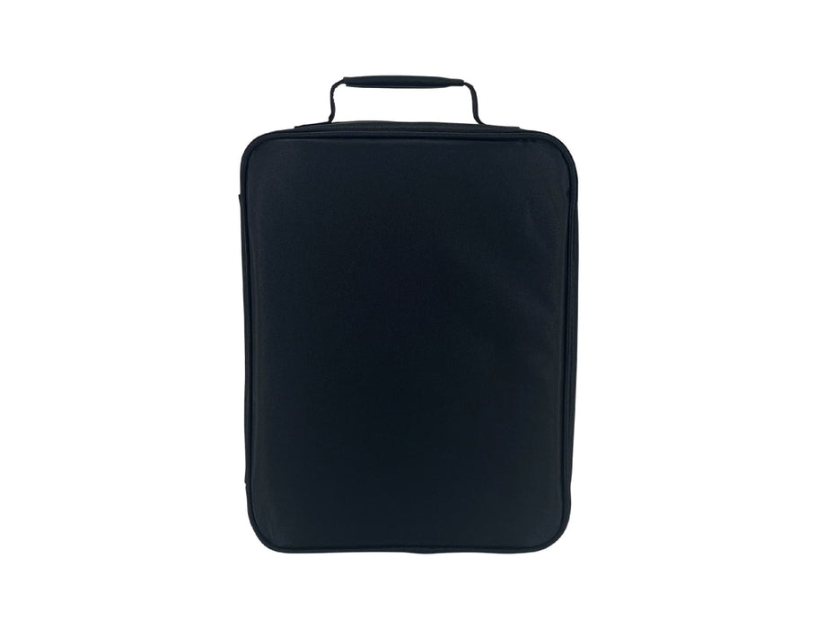 Sachi Insulated Junior XL Lunch Bag - A black insulated lunch bag with a sturdy handle and a sleek, rectangular design. It has a logo.