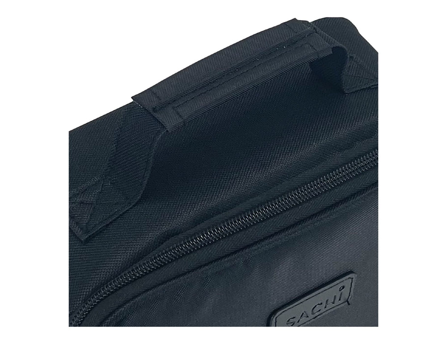 Sachi Insulated Junior XL Lunch Bag - A black insulated lunch bag features a sturdy handle and a zipper. It has a logo on the front.
