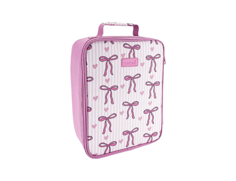 Sachi Insulated Junior XL Lunch Bag - A pink insulated lunch bag with a striped pattern and bow designs, featuring a handle and a logo.