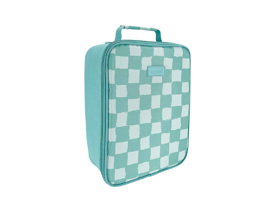 Sachi Insulated Junior XL Lunch Bag - A turquoise insulated lunch bag with a white checkered pattern and a carrying handle. It features a logo on the front.