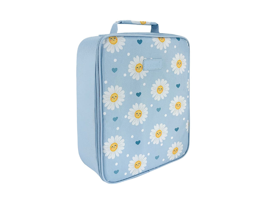 Sachi Insulated Junior XL Lunch Bag - A light blue insulated lunch bag with a floral design, featuring smiling daisies and small hearts, with a handle on top.
