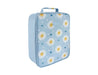 Sachi Insulated Junior XL Lunch Bag - A light blue insulated lunch bag with a floral design, featuring smiling daisies and small hearts, with a handle on top.