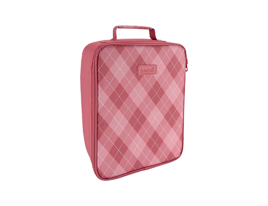 Sachi Insulated Junior XL Lunch Bag - A pink, insulated lunch bag with a checkered pattern and a handle, featuring a logo on the front.