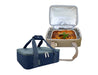 Sachi Insulated 'Cook & Carry' Bag - A navy blue and beige insulated food bag with a large, cooked dish inside, featuring a handle and zippers.