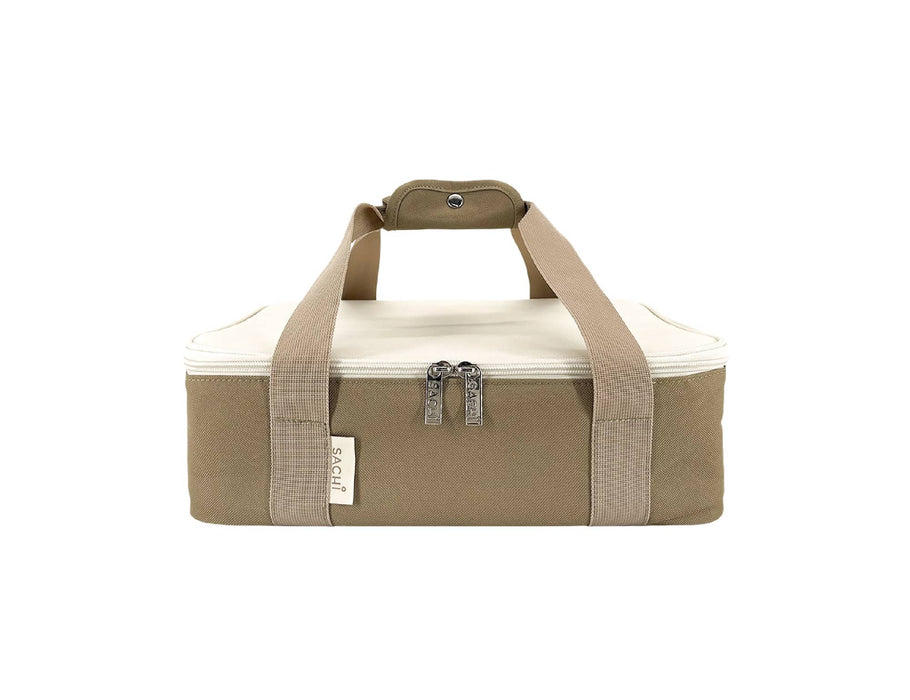 Sachi Insulated 'Cook & Carry' Bag - A beige and khaki insulated bag with a zip closure and dual handles, featuring a logo on the side.