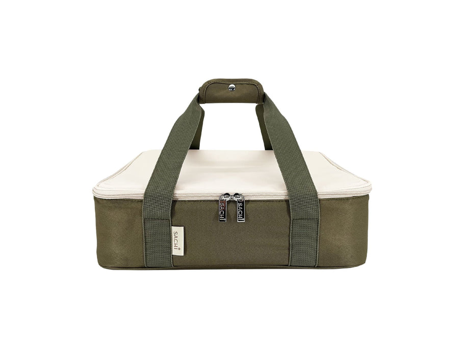 Sachi Insulated 'Cook & Carry' Bag XL - An insulated XL bag in olive green with cream accents, featuring dual zippers and sturdy carrying handles.