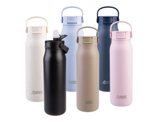 Oasis Sorrento 900ml Vacuum Sipper Bottle - A drink bottle collection featuring six vacuum sipper bottles in white, black, beige, blue, navy, and pink, each with a handle.